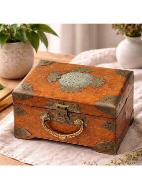 Vintage Chinese Wooden Jewelry Box With Brass Hardware & Red Satin Lining 8"x6"x